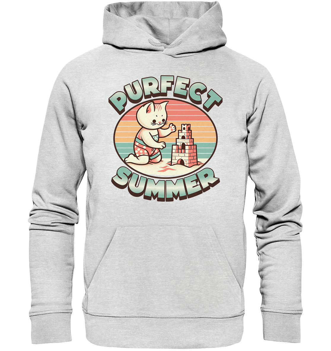 Purfect Summer – Niedliches Katzenmotiv mit Sandburg und Retro - Sommerfeeling - Premium Unisex Hoodie - FaunaFeels Onlineshop Hoodies