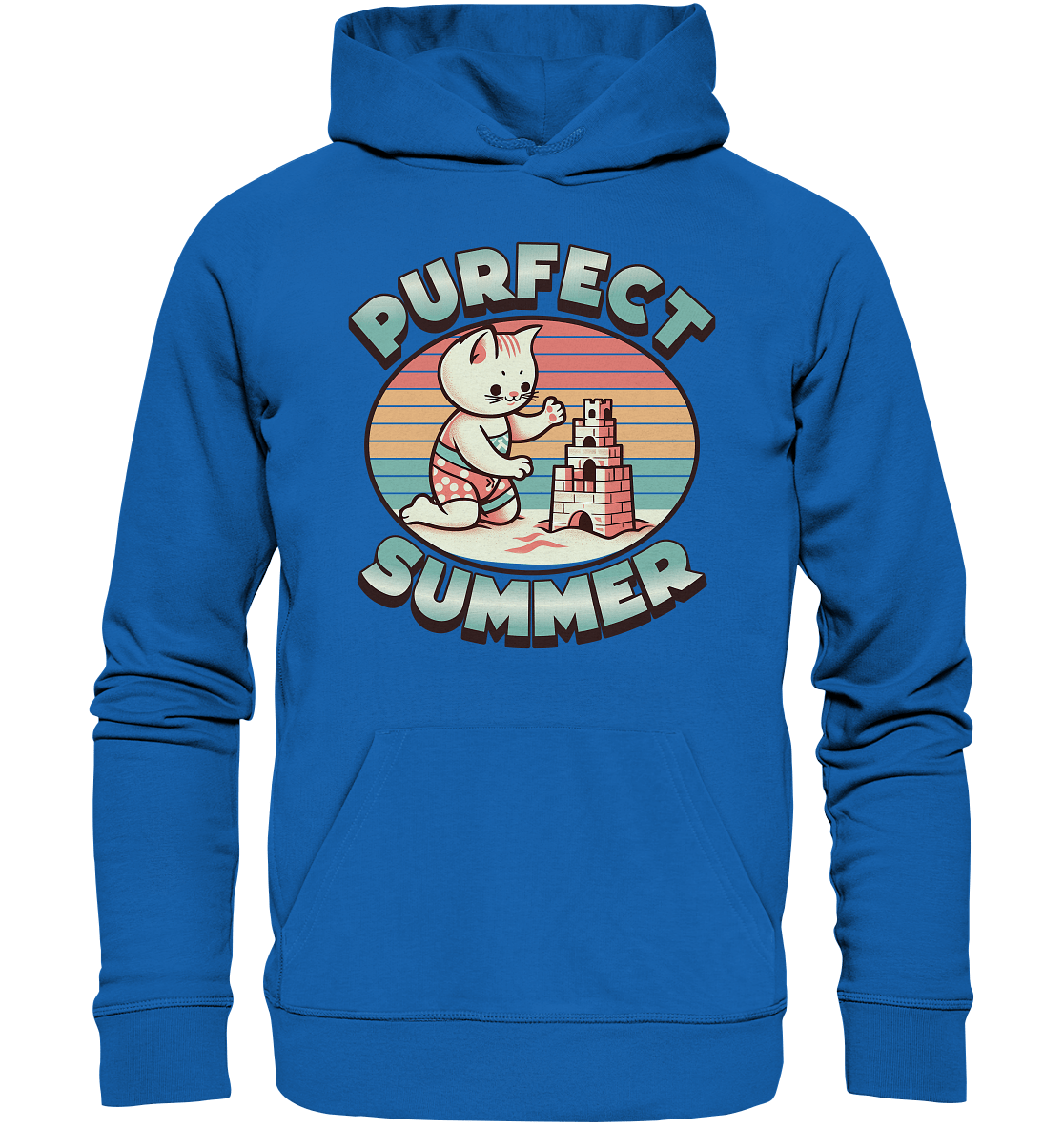 Purfect Summer – Niedliches Katzenmotiv mit Sandburg und Retro - Sommerfeeling - Premium Unisex Hoodie - FaunaFeels Onlineshop Hoodies
