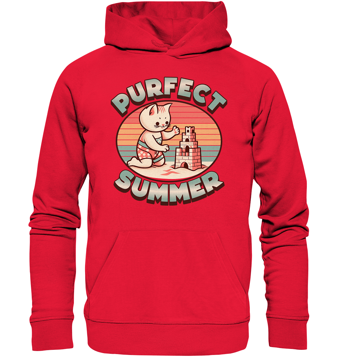 Purfect Summer – Niedliches Katzenmotiv mit Sandburg und Retro - Sommerfeeling - Premium Unisex Hoodie - FaunaFeels Onlineshop Hoodies