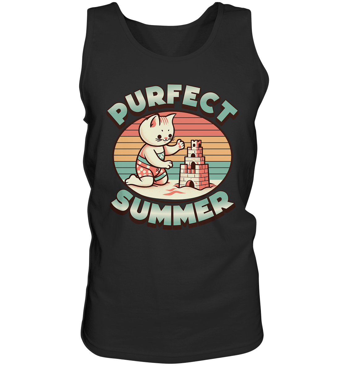 Purfect Summer – Niedliches Katzenmotiv mit Sandburg und Retro - Sommerfeeling - Relaxed Tank Top - FaunaFeels Onlineshop Tank - Tops