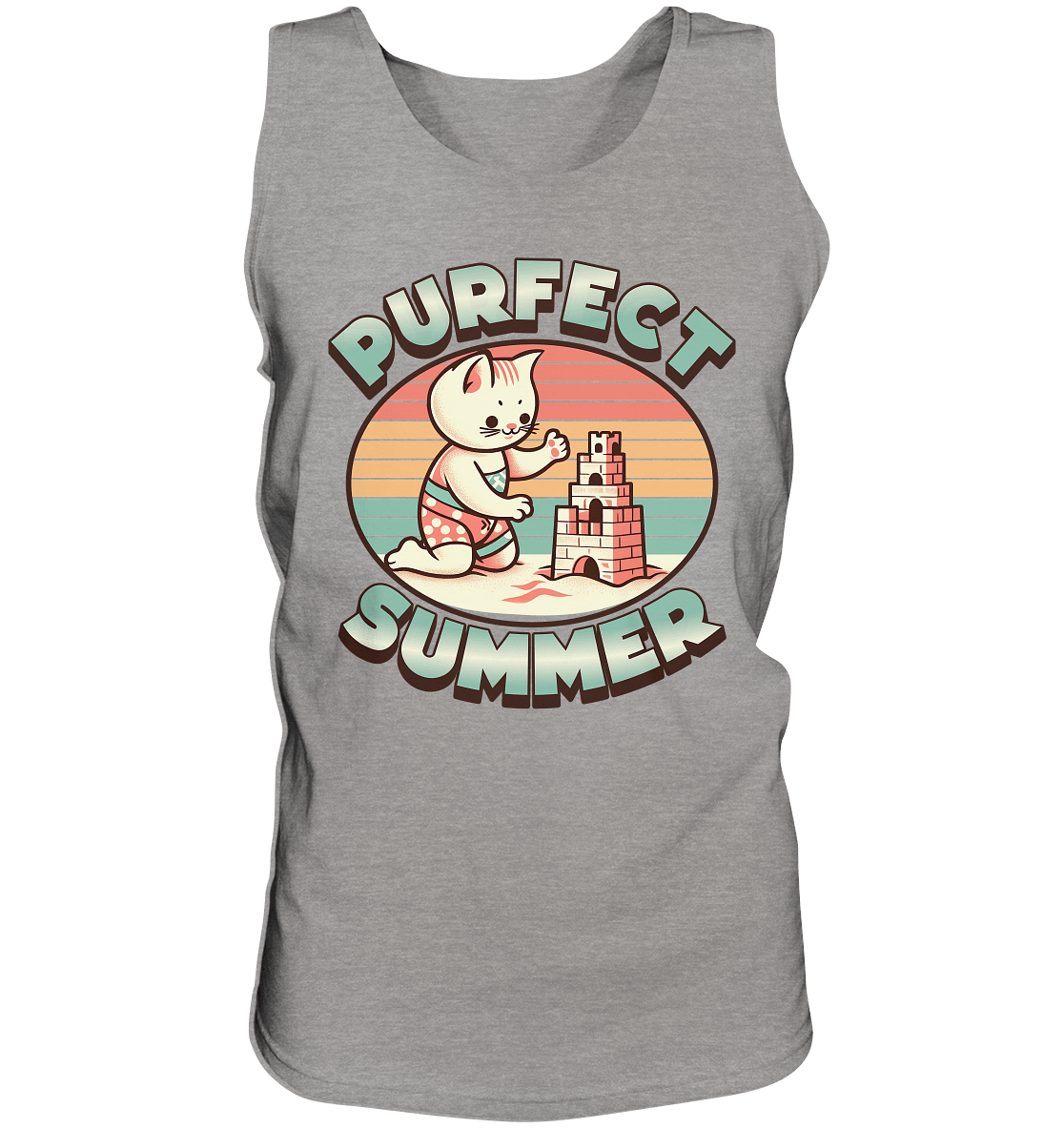 Purfect Summer – Niedliches Katzenmotiv mit Sandburg und Retro - Sommerfeeling - Relaxed Tank Top - FaunaFeels Onlineshop Tank - Tops