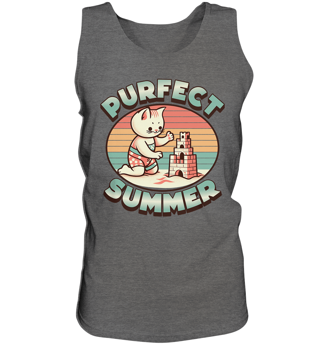 Purfect Summer – Niedliches Katzenmotiv mit Sandburg und Retro - Sommerfeeling - Relaxed Tank Top - FaunaFeels Onlineshop Tank - Tops