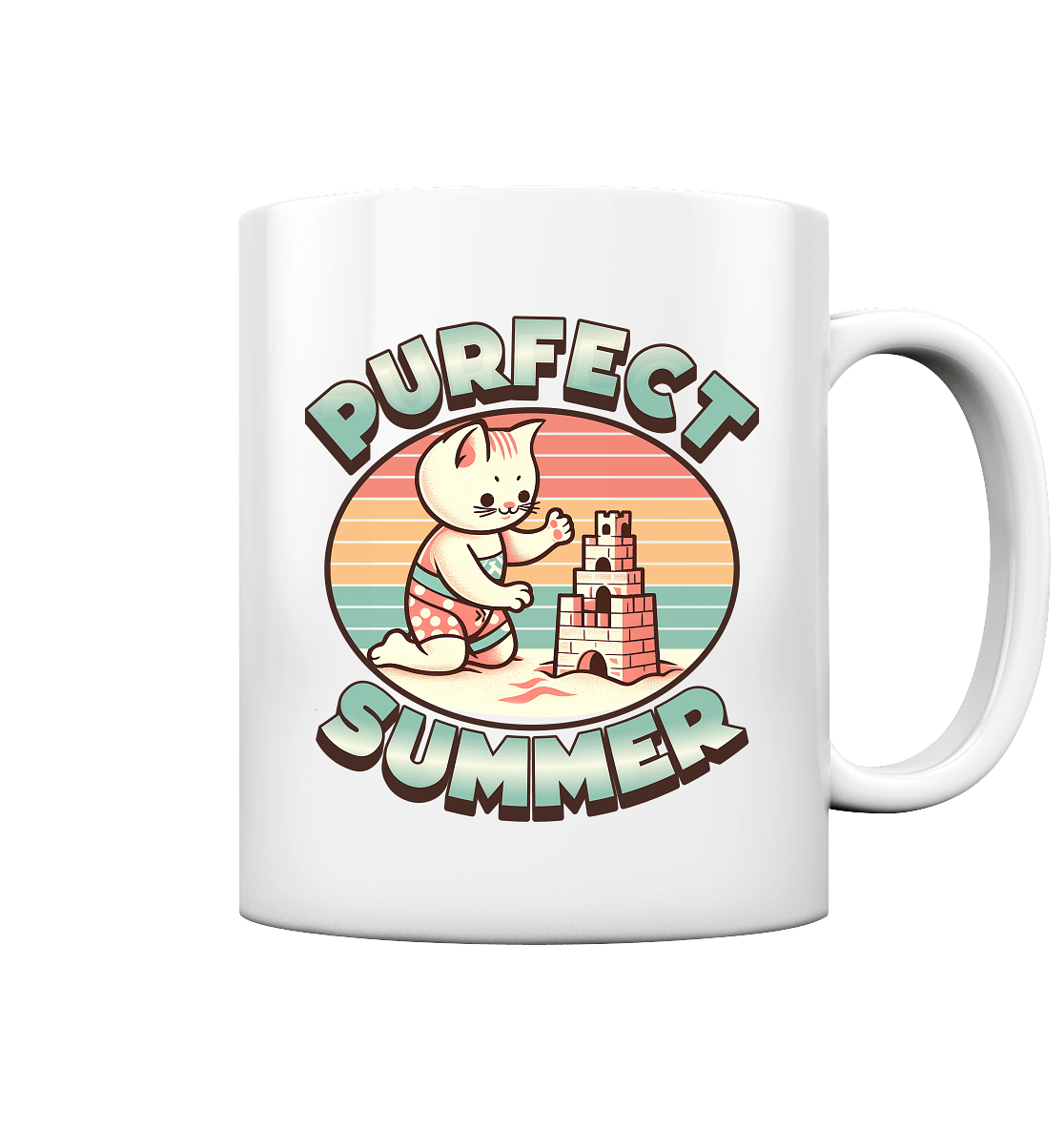 Purfect Summer – Niedliches Katzenmotiv mit Sandburg und Retro - Sommerfeeling - Tasse glossy - FaunaFeels Onlineshop Trinkgefäße