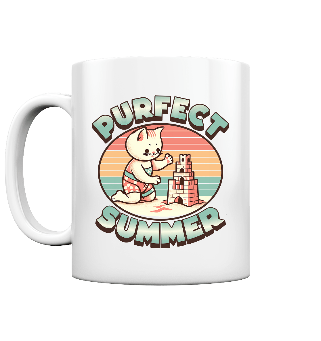 Purfect Summer – Niedliches Katzenmotiv mit Sandburg und Retro - Sommerfeeling - Tasse glossy - FaunaFeels Onlineshop Trinkgefäße