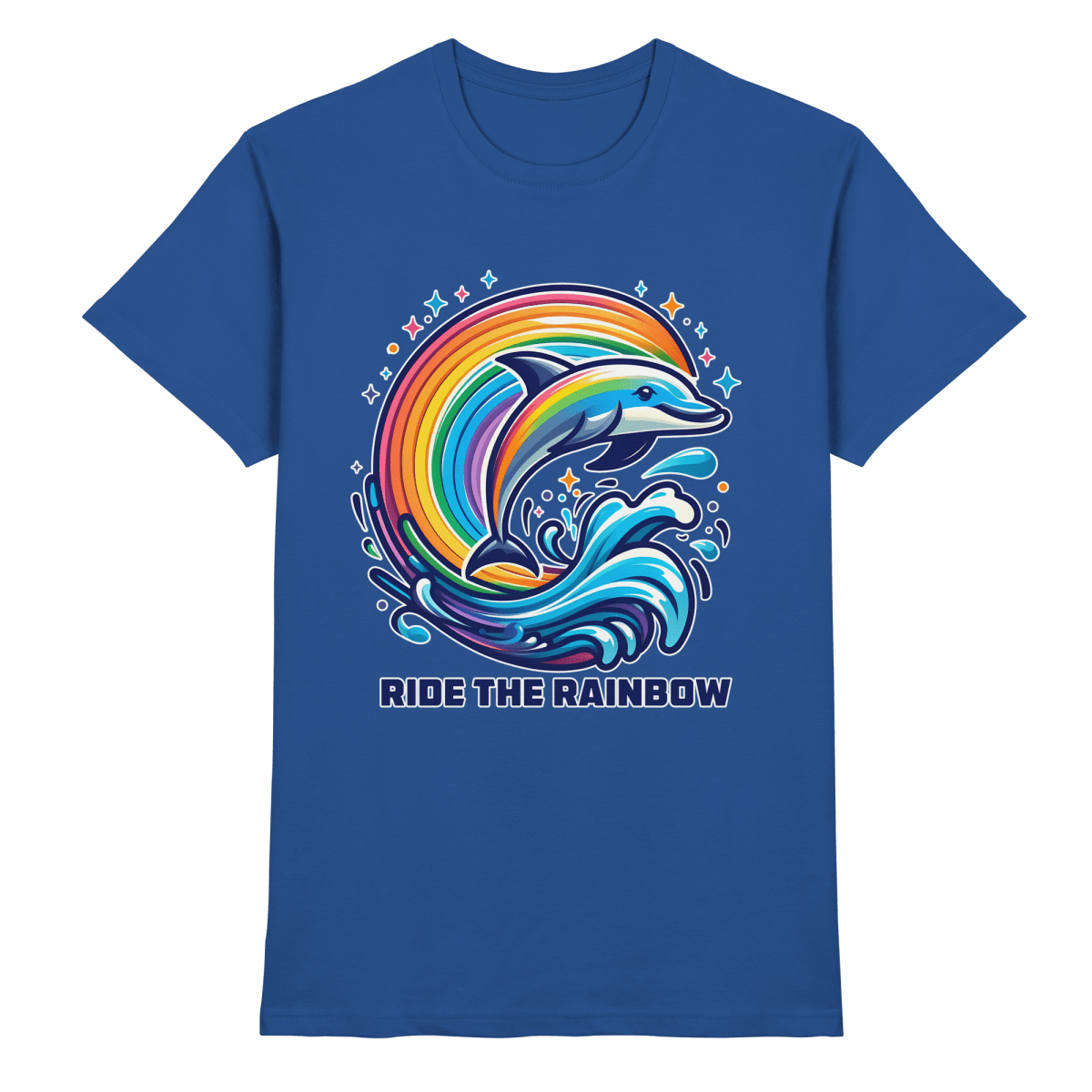 Ride the Rainbow – Farbenfroher Delfin in Regenbogen - Wellen - Heavy Cotton T-Shirt - FaunaFeels Onlineshop Unisex - Shirts