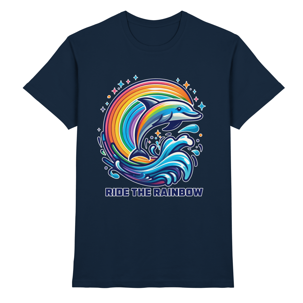 Ride the Rainbow – Farbenfroher Delfin in Regenbogen - Wellen - Heavy Cotton T-Shirt - FaunaFeels Onlineshop Unisex - Shirts