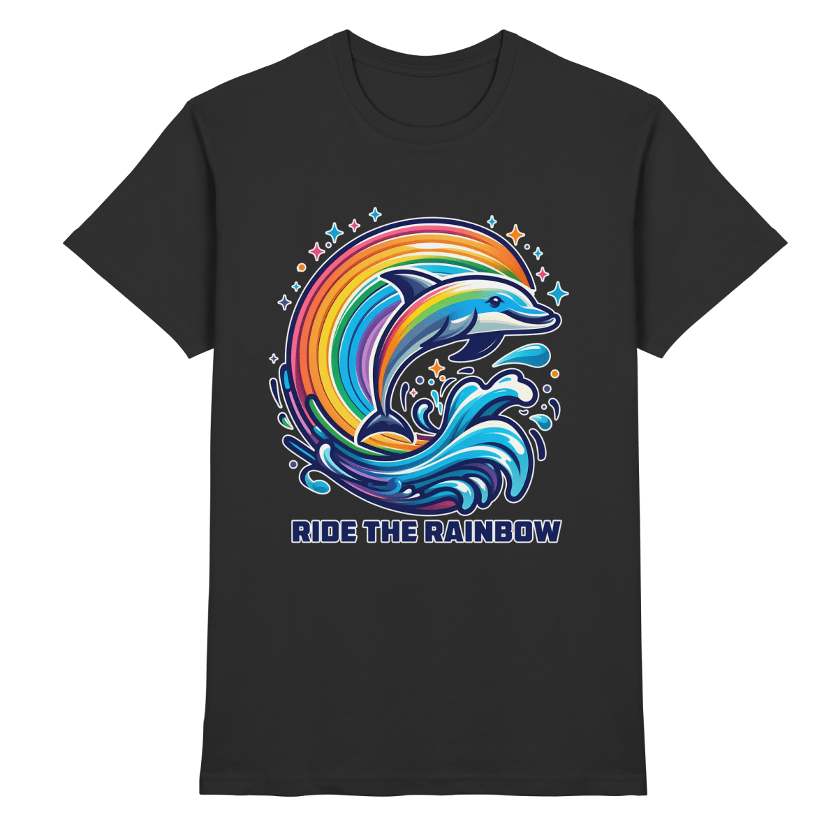 Ride the Rainbow – Farbenfroher Delfin in Regenbogen - Wellen - Heavy Cotton T-Shirt - FaunaFeels Onlineshop Unisex - Shirts