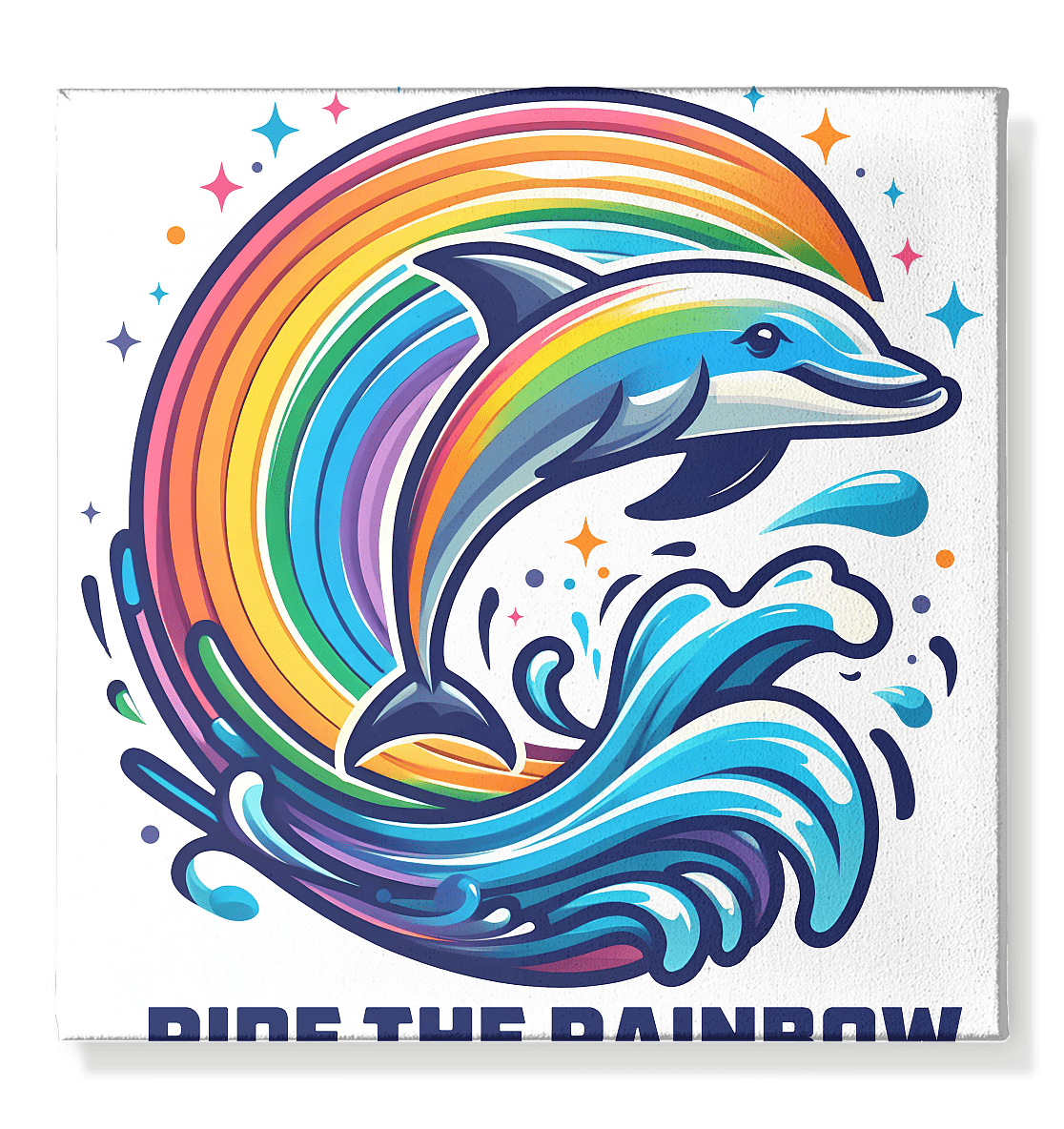 Ride the Rainbow – Farbenfroher Delfin in Regenbogen - Wellen - Leinwand 50x50cm - FaunaFeels Onlineshop Wall Art