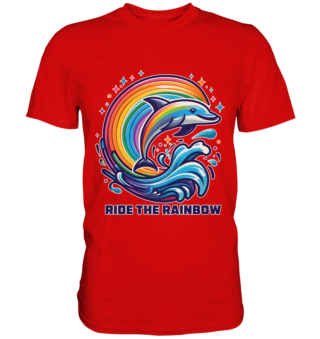 Ride the Rainbow – Farbenfroher Delfin in Regenbogen - Wellen - Premium Shirt - FaunaFeels Onlineshop Unisex - Shirts
