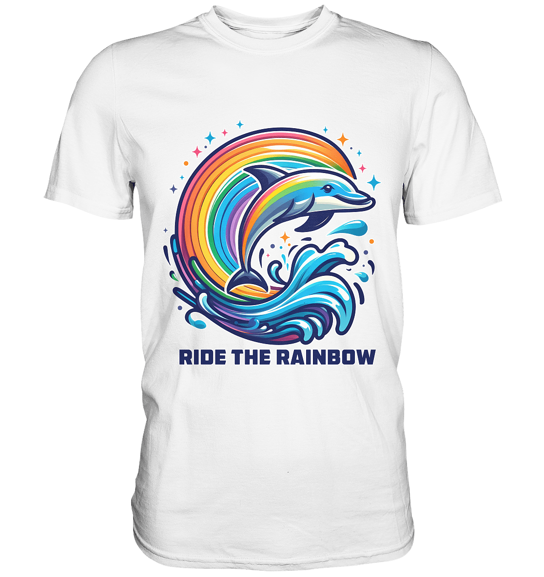 Ride the Rainbow – Farbenfroher Delfin in Regenbogen - Wellen - Premium Shirt - FaunaFeels Onlineshop Unisex - Shirts