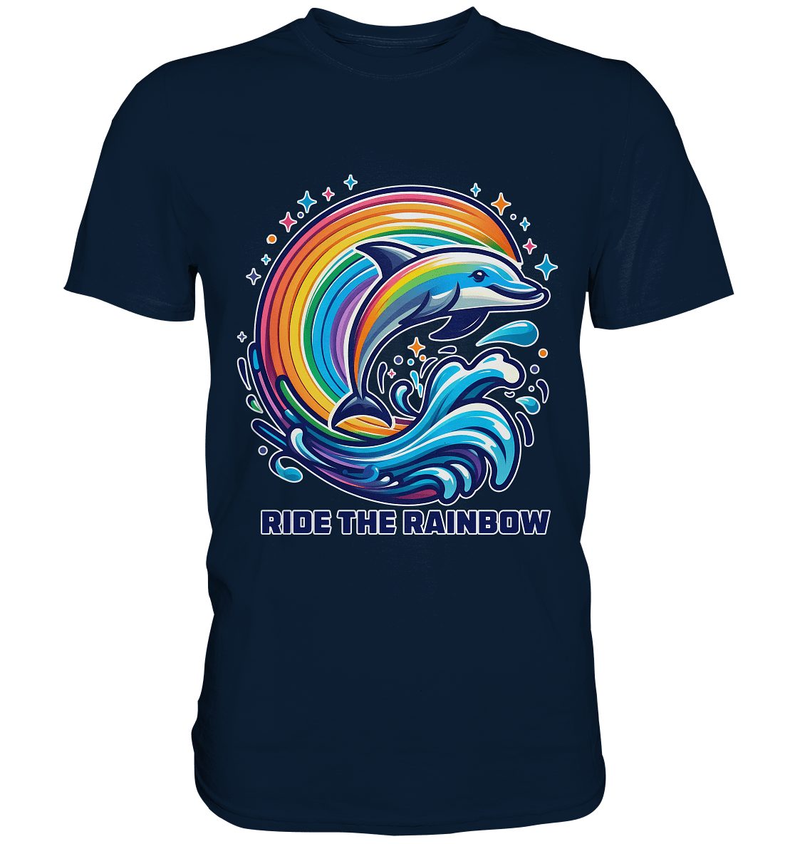 Ride the Rainbow – Farbenfroher Delfin in Regenbogen - Wellen - Premium Shirt - FaunaFeels Onlineshop Unisex - Shirts