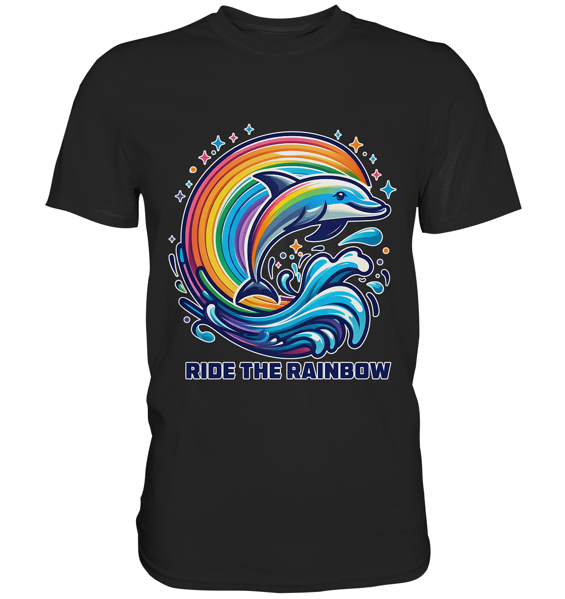 Ride the Rainbow – Farbenfroher Delfin in Regenbogen - Wellen - Premium Shirt - FaunaFeels Onlineshop Unisex - Shirts