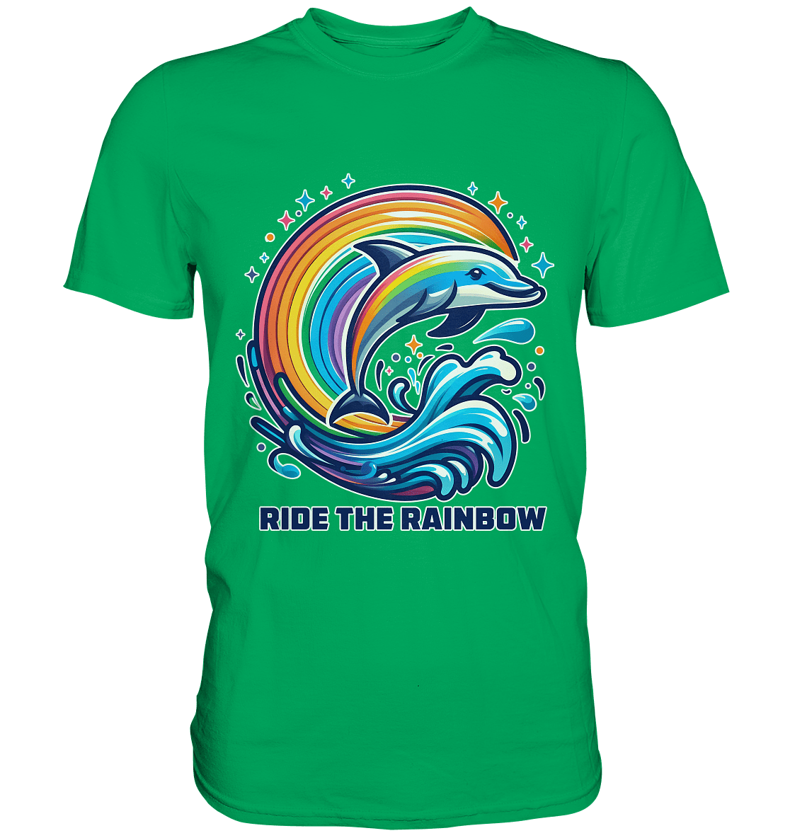 Ride the Rainbow – Farbenfroher Delfin in Regenbogen - Wellen - Premium Shirt - FaunaFeels Onlineshop Unisex - Shirts