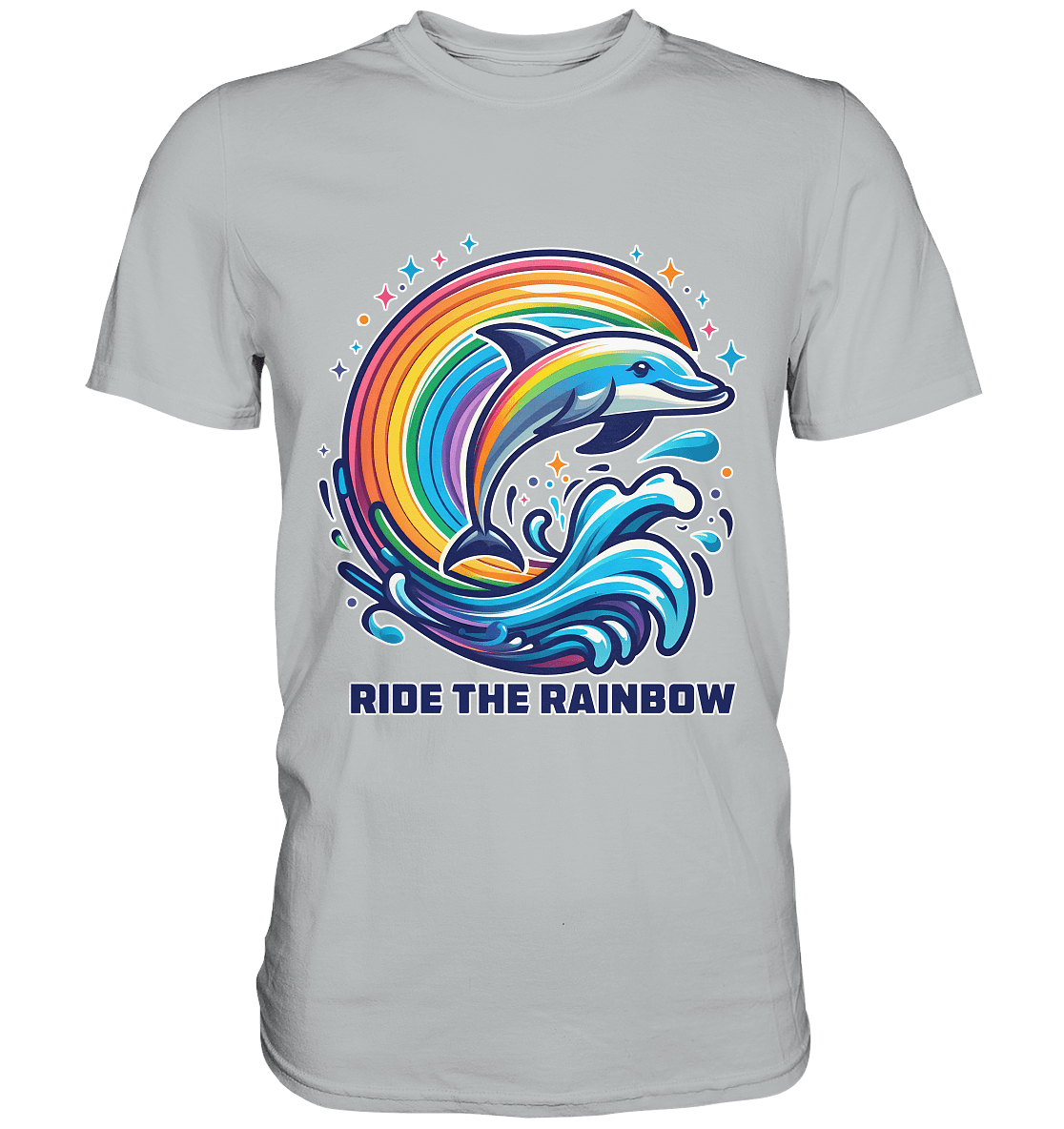 Ride the Rainbow – Farbenfroher Delfin in Regenbogen - Wellen - Premium Shirt - FaunaFeels Onlineshop Unisex - Shirts