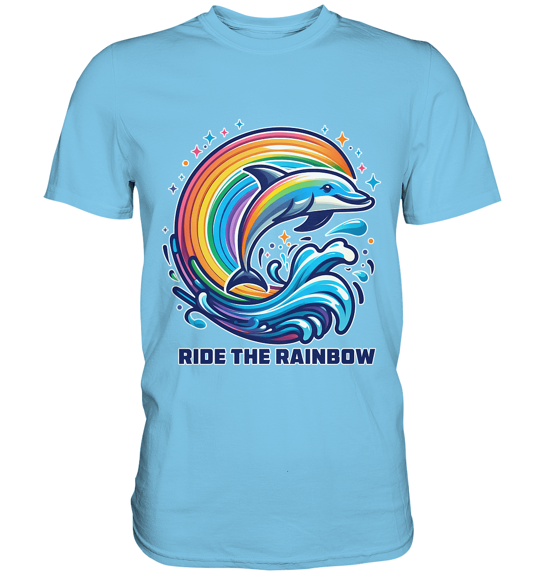 Ride the Rainbow – Farbenfroher Delfin in Regenbogen - Wellen - Premium Shirt - FaunaFeels Onlineshop Unisex - Shirts