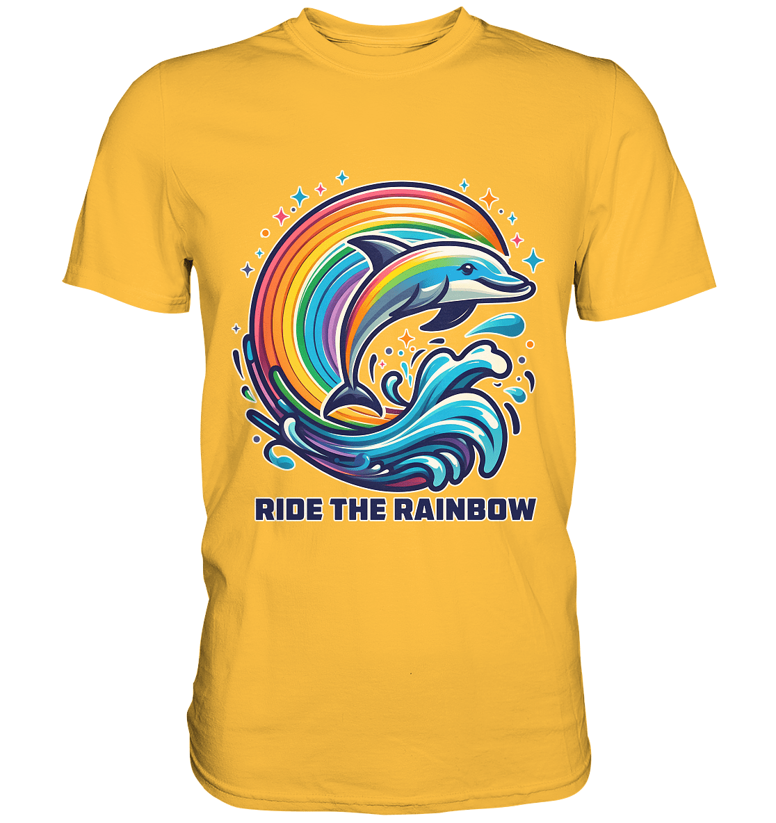 Ride the Rainbow – Farbenfroher Delfin in Regenbogen - Wellen - Premium Shirt - FaunaFeels Onlineshop Unisex - Shirts