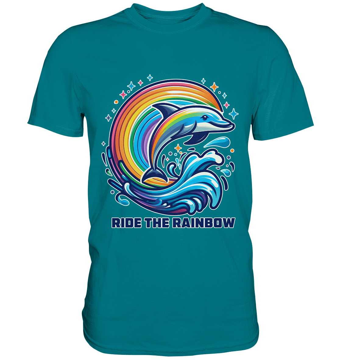 Ride the Rainbow – Farbenfroher Delfin in Regenbogen - Wellen - Premium Shirt - FaunaFeels Onlineshop Unisex - Shirts