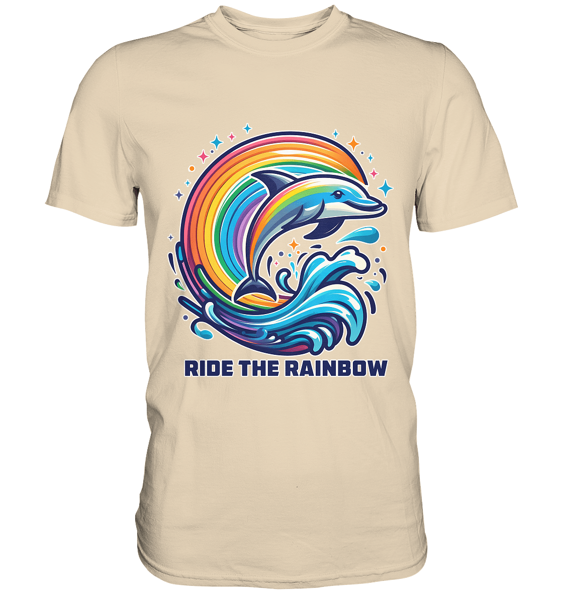 Ride the Rainbow – Farbenfroher Delfin in Regenbogen - Wellen - Premium Shirt - FaunaFeels Onlineshop Unisex - Shirts