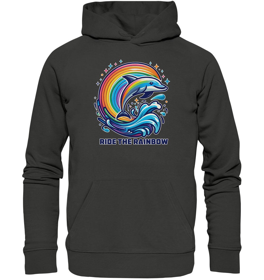 Ride the Rainbow – Farbenfroher Delfin in Regenbogen - Wellen - Premium Unisex Hoodie - FaunaFeels Onlineshop Hoodies