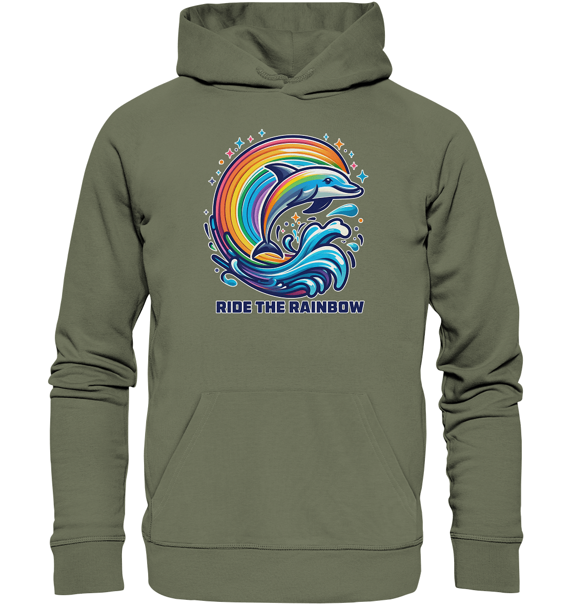 Ride the Rainbow – Farbenfroher Delfin in Regenbogen - Wellen - Premium Unisex Hoodie - FaunaFeels Onlineshop Hoodies
