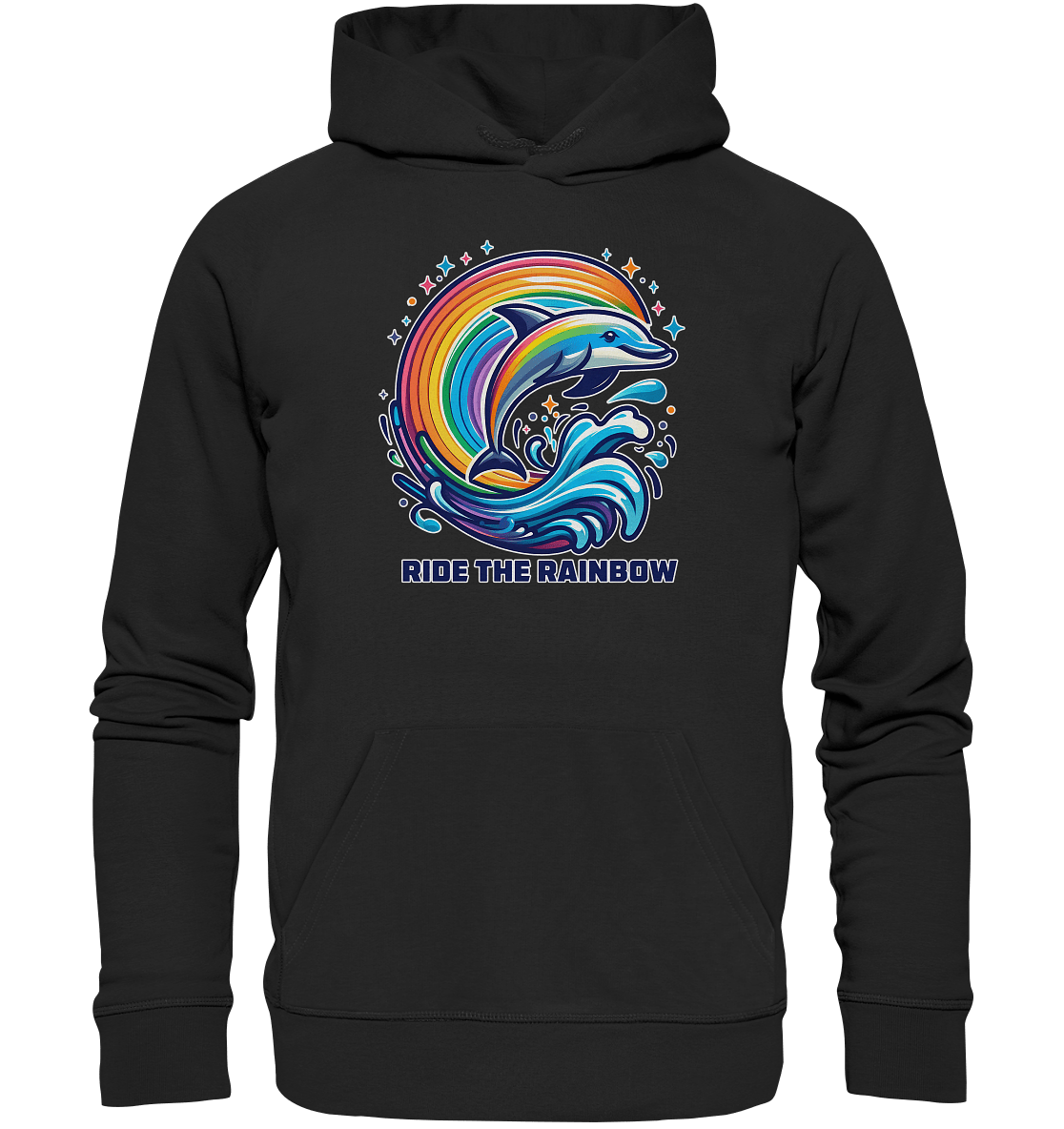 Ride the Rainbow – Farbenfroher Delfin in Regenbogen - Wellen - Premium Unisex Hoodie - FaunaFeels Onlineshop Hoodies