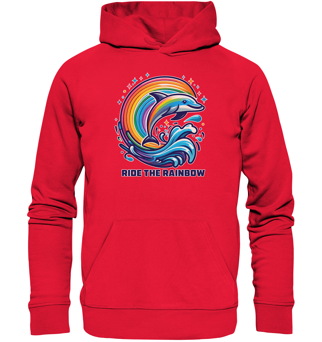 Ride the Rainbow – Farbenfroher Delfin in Regenbogen - Wellen - Premium Unisex Hoodie - FaunaFeels Onlineshop Hoodies