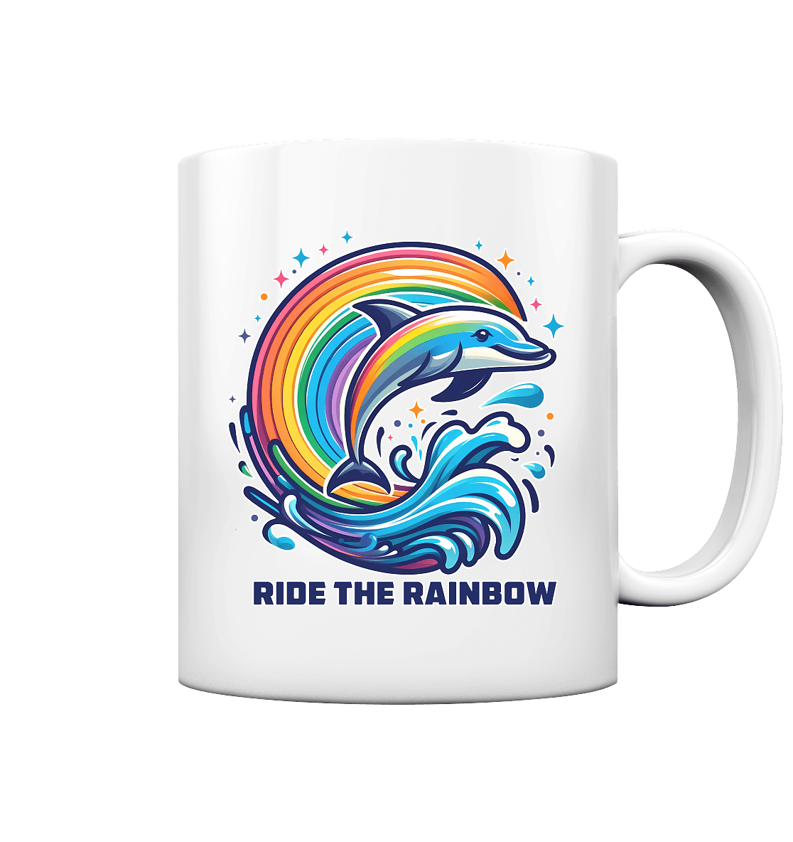 Ride the Rainbow – Farbenfroher Delfin in Regenbogen - Wellen - Tasse glossy - FaunaFeels Onlineshop Trinkgefäße