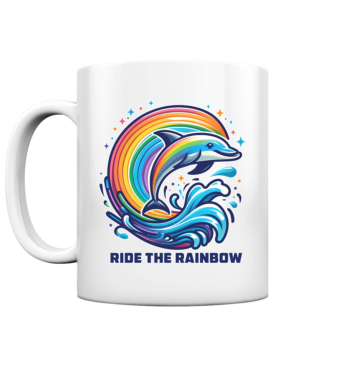 Ride the Rainbow – Farbenfroher Delfin in Regenbogen - Wellen - Tasse glossy - FaunaFeels Onlineshop Trinkgefäße