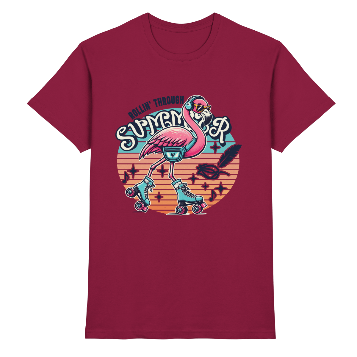 Rollin’ Through Summer – Cooler Flamingo auf Rollschuhen mit Retro - Vibes und Sommerfeeling - Heavy Cotton T-Shirt - FaunaFeels Onlineshop Unisex - Shirts