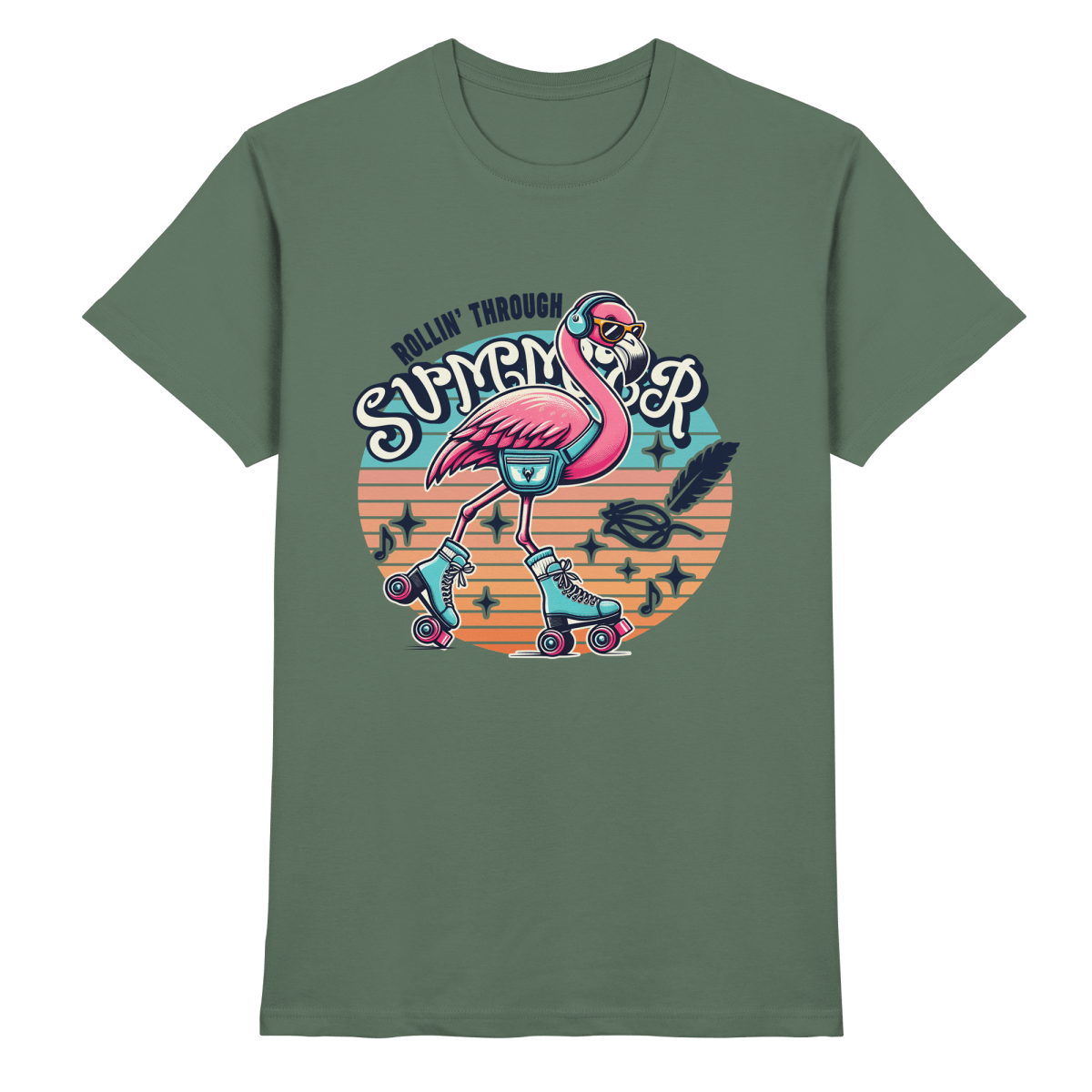Rollin’ Through Summer – Cooler Flamingo auf Rollschuhen mit Retro - Vibes und Sommerfeeling - Heavy Cotton T-Shirt - FaunaFeels Onlineshop Unisex - Shirts