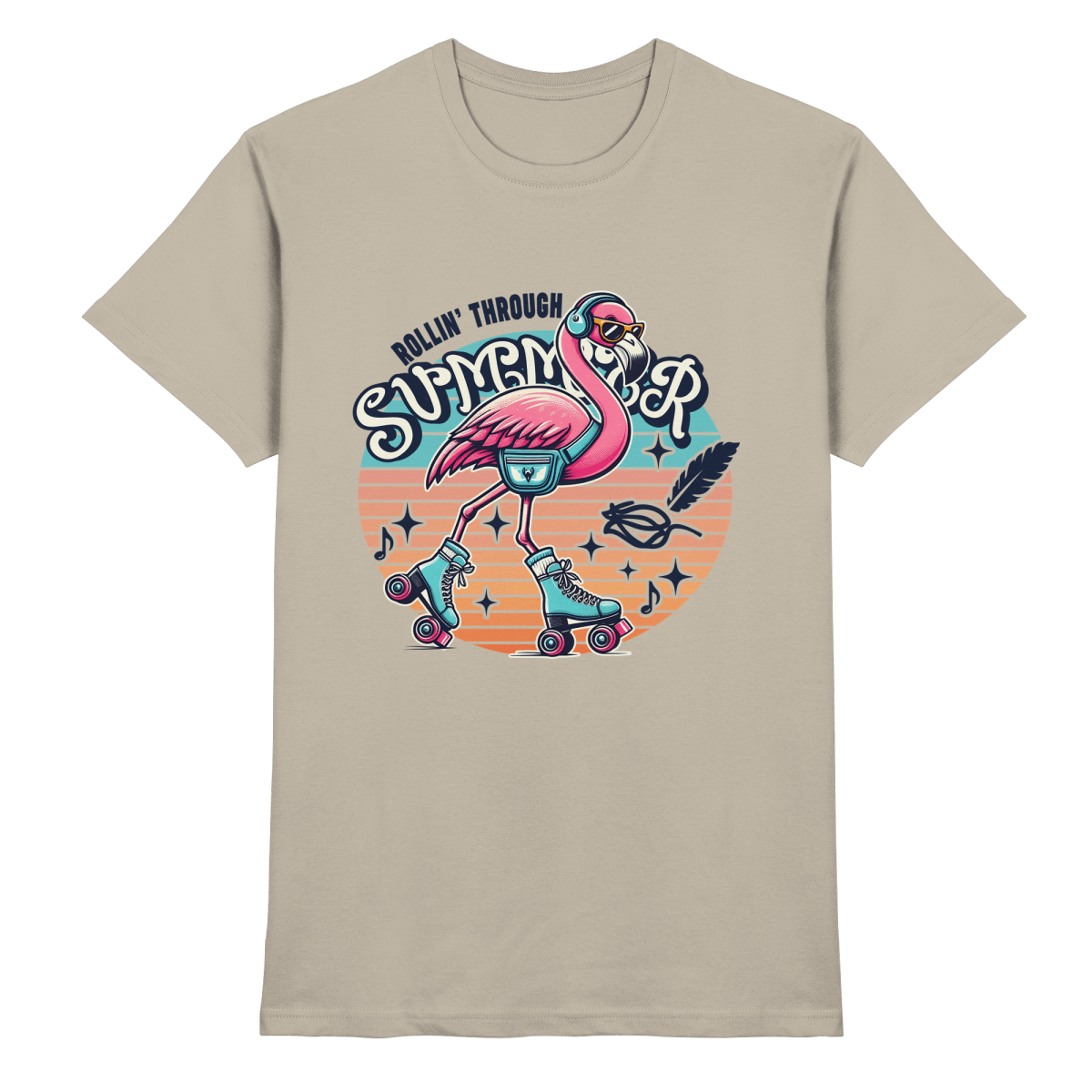 Rollin’ Through Summer – Cooler Flamingo auf Rollschuhen mit Retro - Vibes und Sommerfeeling - Heavy Cotton T-Shirt - FaunaFeels Onlineshop Unisex - Shirts