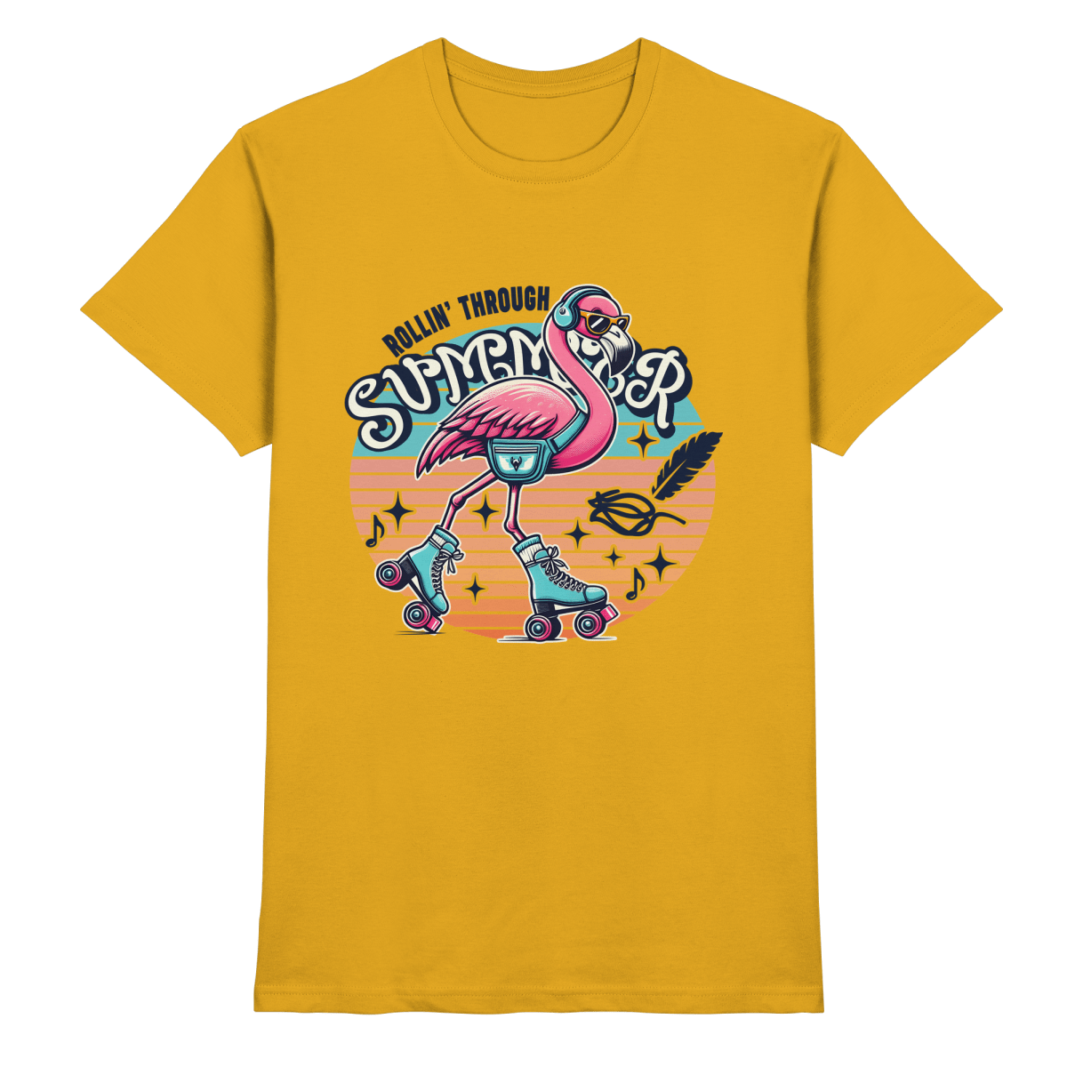 Rollin’ Through Summer – Cooler Flamingo auf Rollschuhen mit Retro - Vibes und Sommerfeeling - Heavy Cotton T-Shirt - FaunaFeels Onlineshop Unisex - Shirts
