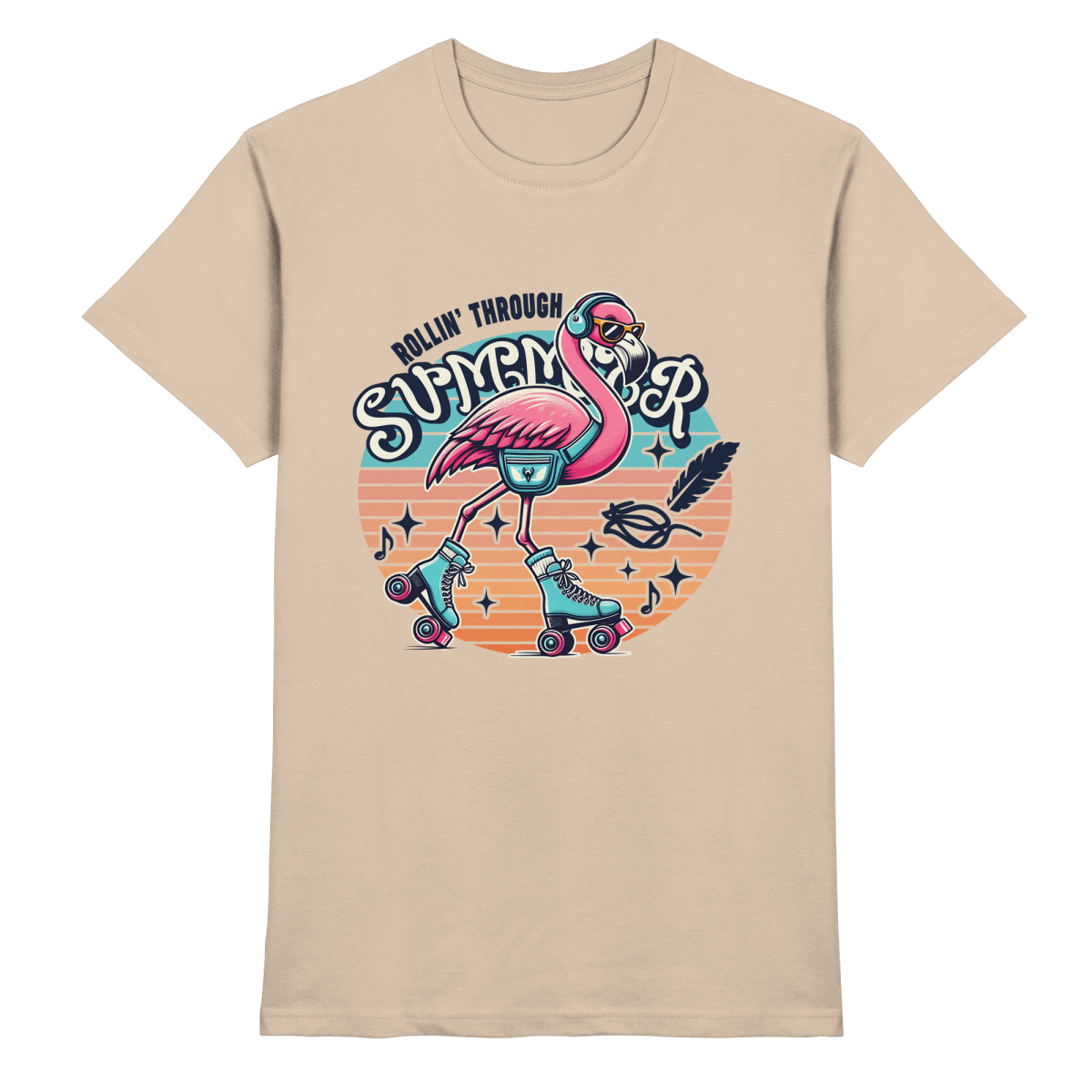 Rollin’ Through Summer – Cooler Flamingo auf Rollschuhen mit Retro - Vibes und Sommerfeeling - Heavy Cotton T-Shirt - FaunaFeels Onlineshop Unisex - Shirts