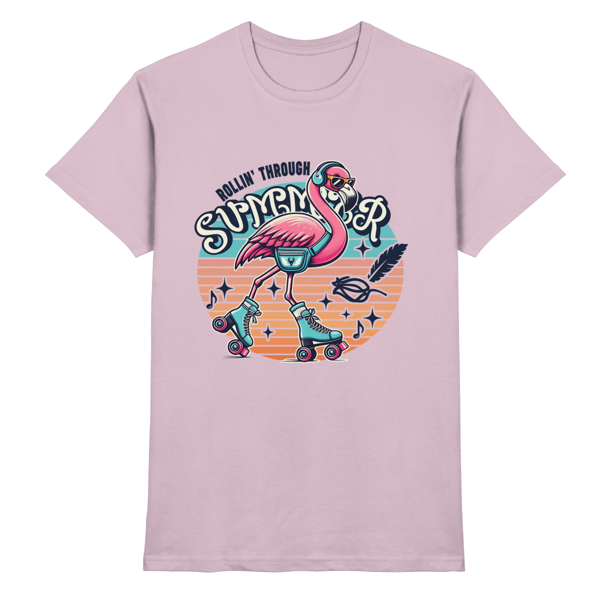 Rollin’ Through Summer – Cooler Flamingo auf Rollschuhen mit Retro - Vibes und Sommerfeeling - Heavy Cotton T-Shirt - FaunaFeels Onlineshop Unisex - Shirts