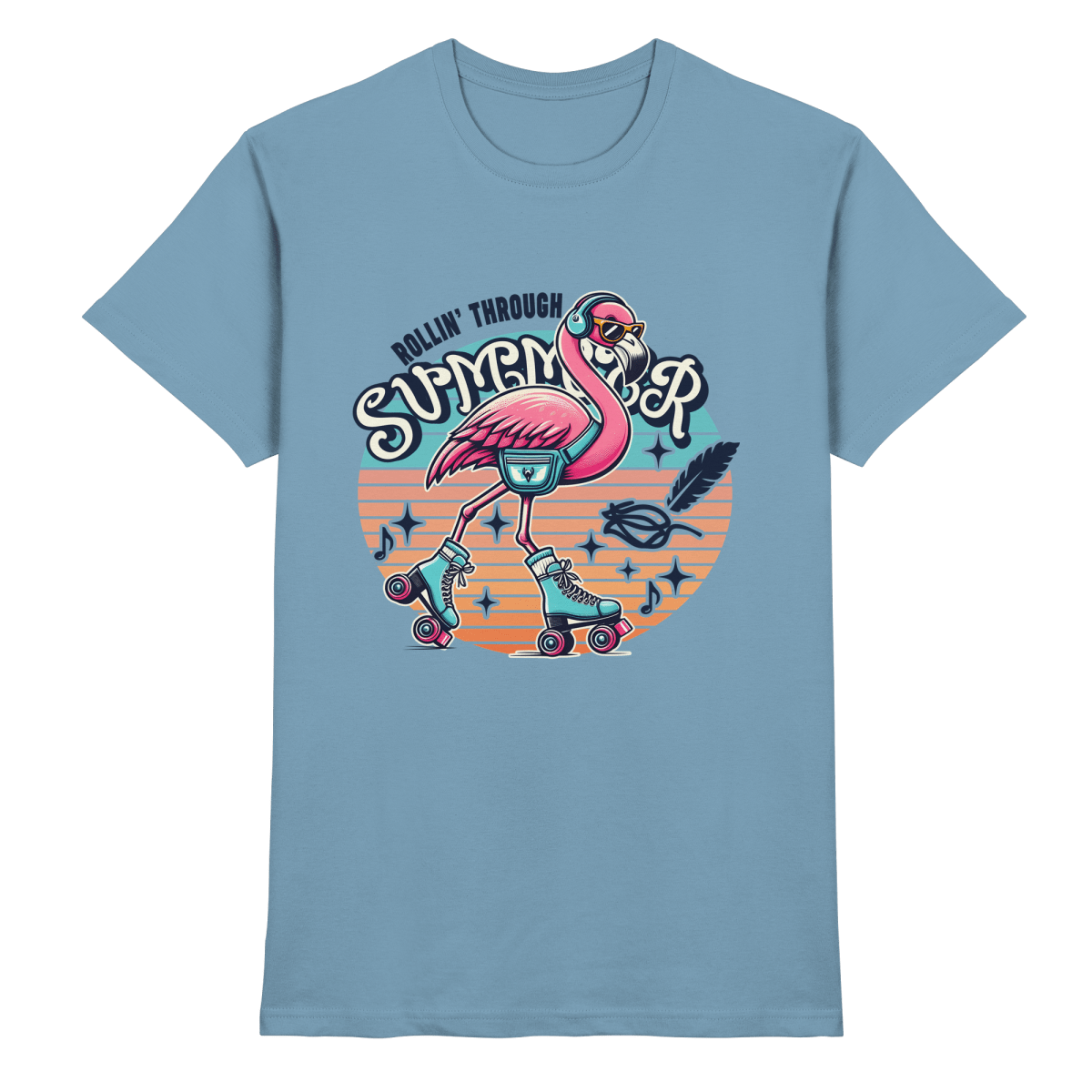 Rollin’ Through Summer – Cooler Flamingo auf Rollschuhen mit Retro - Vibes und Sommerfeeling - Heavy Cotton T-Shirt - FaunaFeels Onlineshop Unisex - Shirts