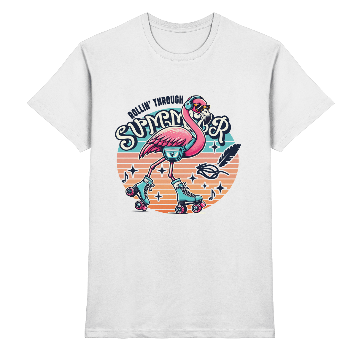 Rollin’ Through Summer – Cooler Flamingo auf Rollschuhen mit Retro - Vibes und Sommerfeeling - Heavy Cotton T-Shirt - FaunaFeels Onlineshop Unisex - Shirts