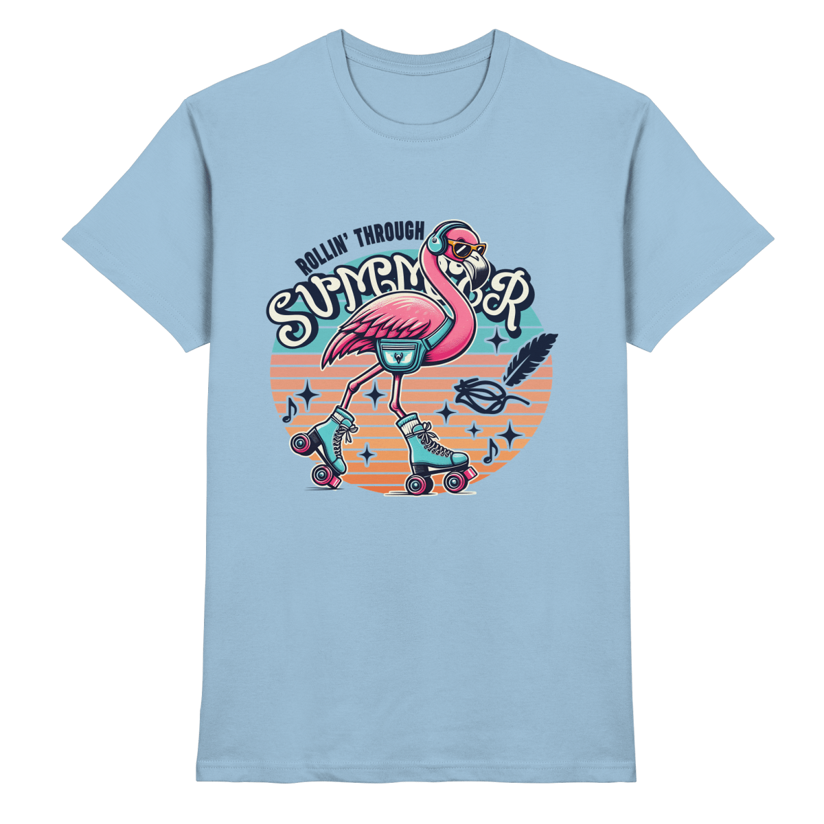 Rollin’ Through Summer – Cooler Flamingo auf Rollschuhen mit Retro - Vibes und Sommerfeeling - Heavy Cotton T-Shirt - FaunaFeels Onlineshop Unisex - Shirts