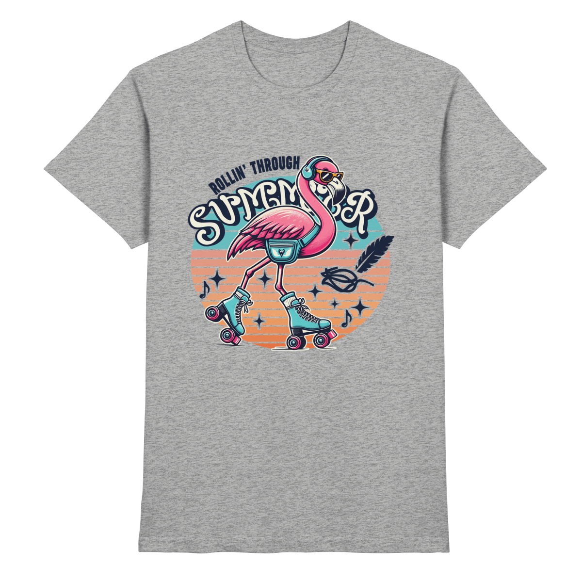 Rollin’ Through Summer – Cooler Flamingo auf Rollschuhen mit Retro - Vibes und Sommerfeeling - Heavy Cotton T-Shirt - FaunaFeels Onlineshop Unisex - Shirts