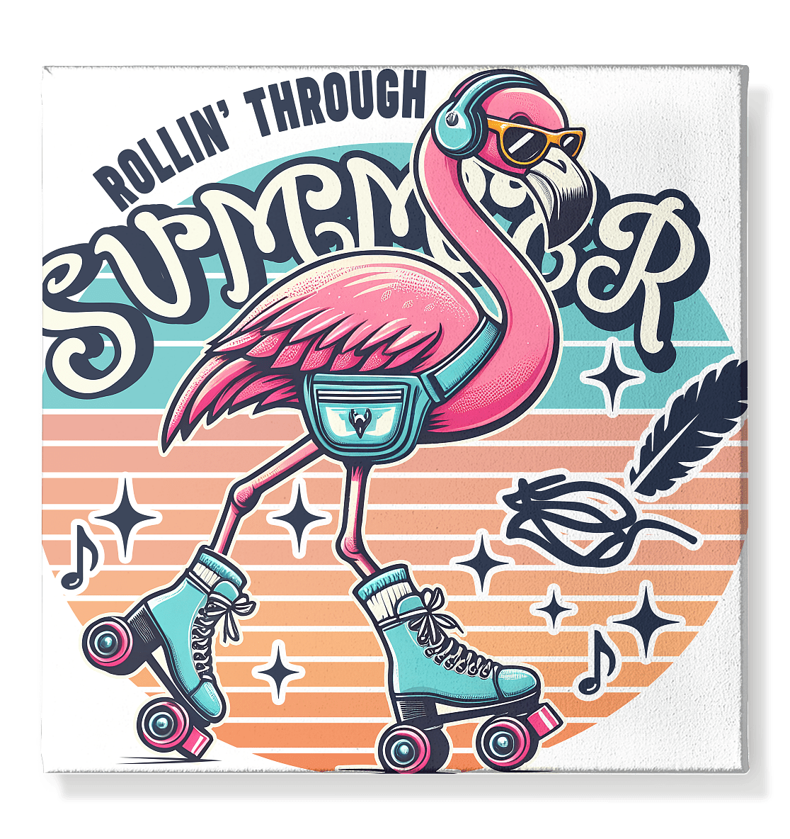 Rollin’ Through Summer – Cooler Flamingo auf Rollschuhen mit Retro - Vibes und Sommerfeeling - Leinwand 50x50cm - FaunaFeels Onlineshop Wall Art