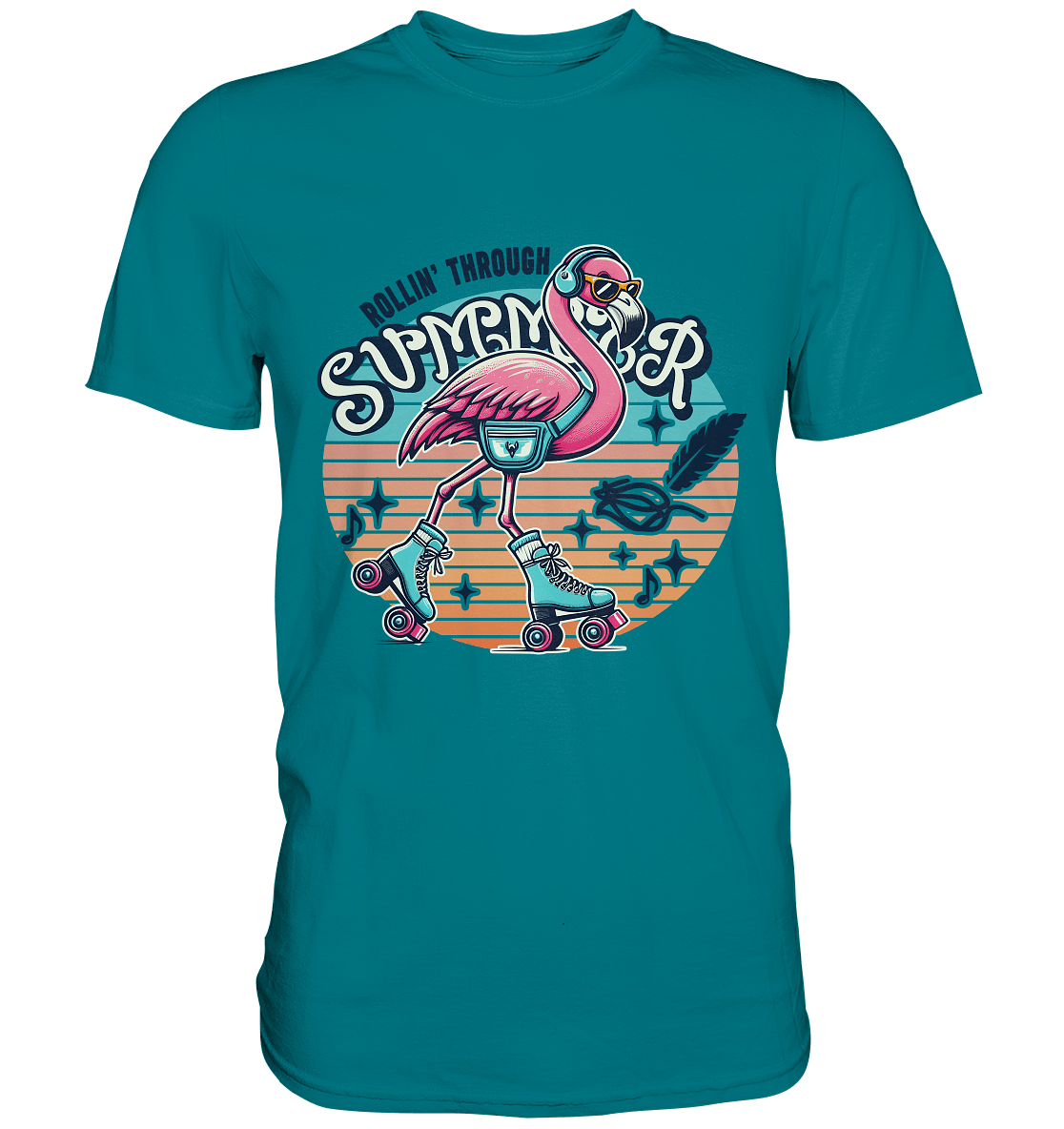 Rollin’ Through Summer – Cooler Flamingo auf Rollschuhen mit Retro - Vibes und Sommerfeeling - Premium Shirt - FaunaFeels Onlineshop Unisex - Shirts