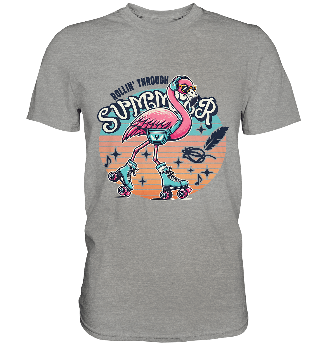 Rollin’ Through Summer – Cooler Flamingo auf Rollschuhen mit Retro - Vibes und Sommerfeeling - Premium Shirt - FaunaFeels Onlineshop Unisex - Shirts
