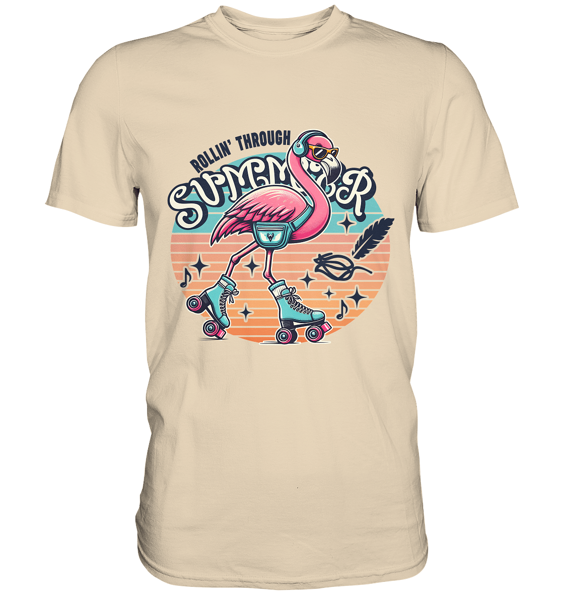 Rollin’ Through Summer – Cooler Flamingo auf Rollschuhen mit Retro - Vibes und Sommerfeeling - Premium Shirt - FaunaFeels Onlineshop Unisex - Shirts