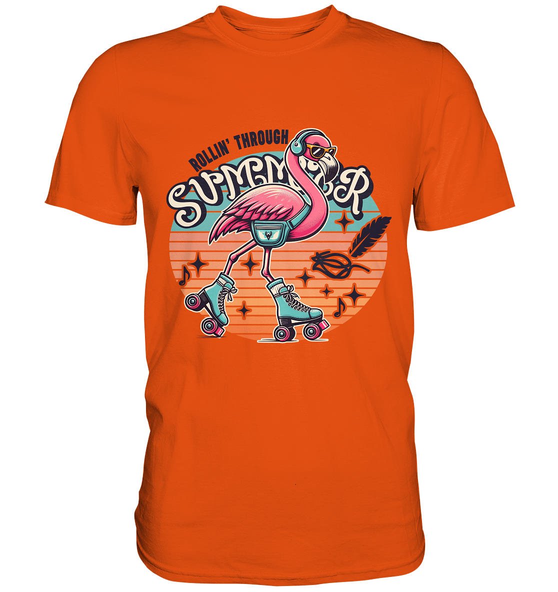 Rollin’ Through Summer – Cooler Flamingo auf Rollschuhen mit Retro - Vibes und Sommerfeeling - Premium Shirt - FaunaFeels Onlineshop Unisex - Shirts