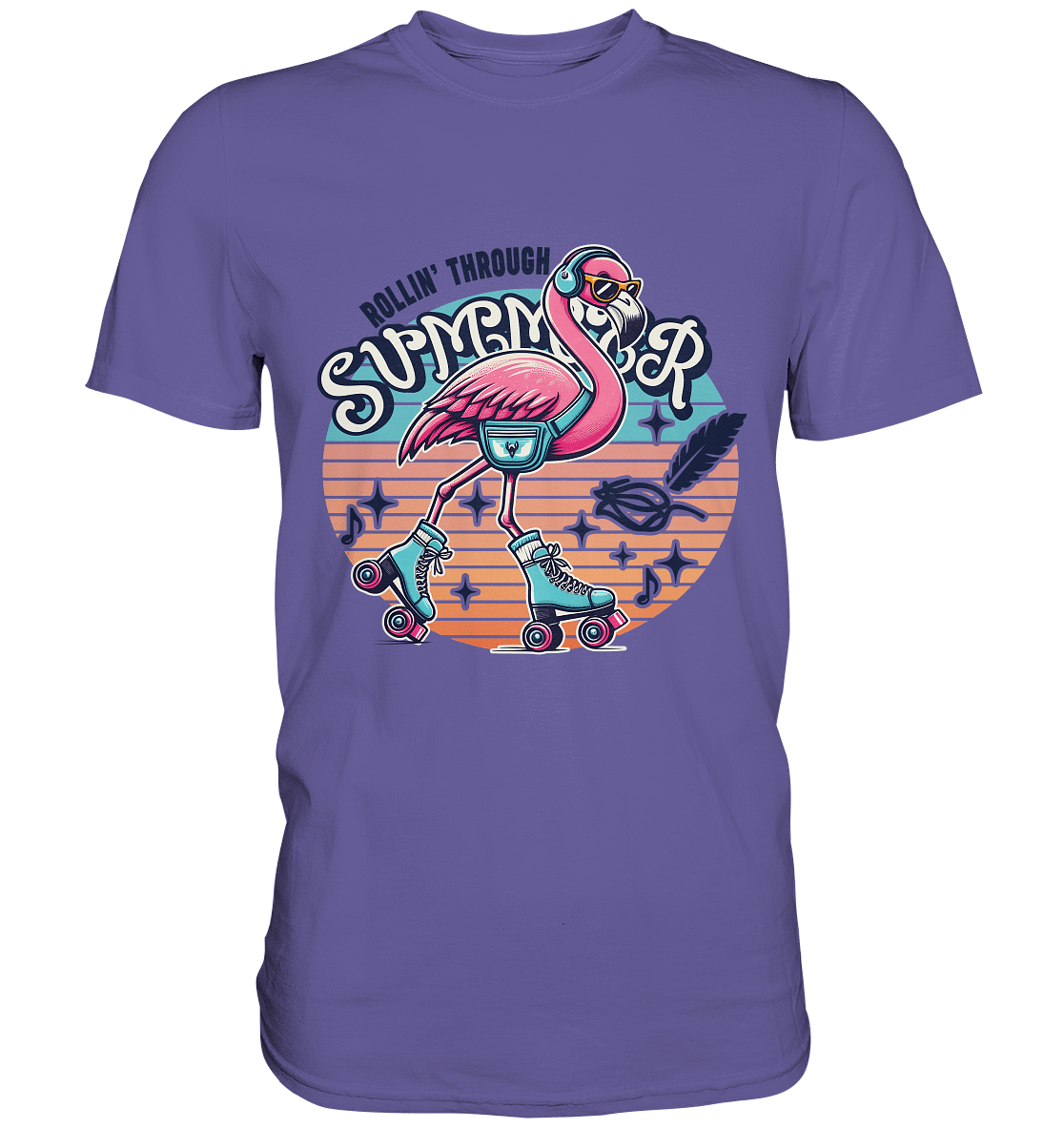Rollin’ Through Summer – Cooler Flamingo auf Rollschuhen mit Retro - Vibes und Sommerfeeling - Premium Shirt - FaunaFeels Onlineshop Unisex - Shirts