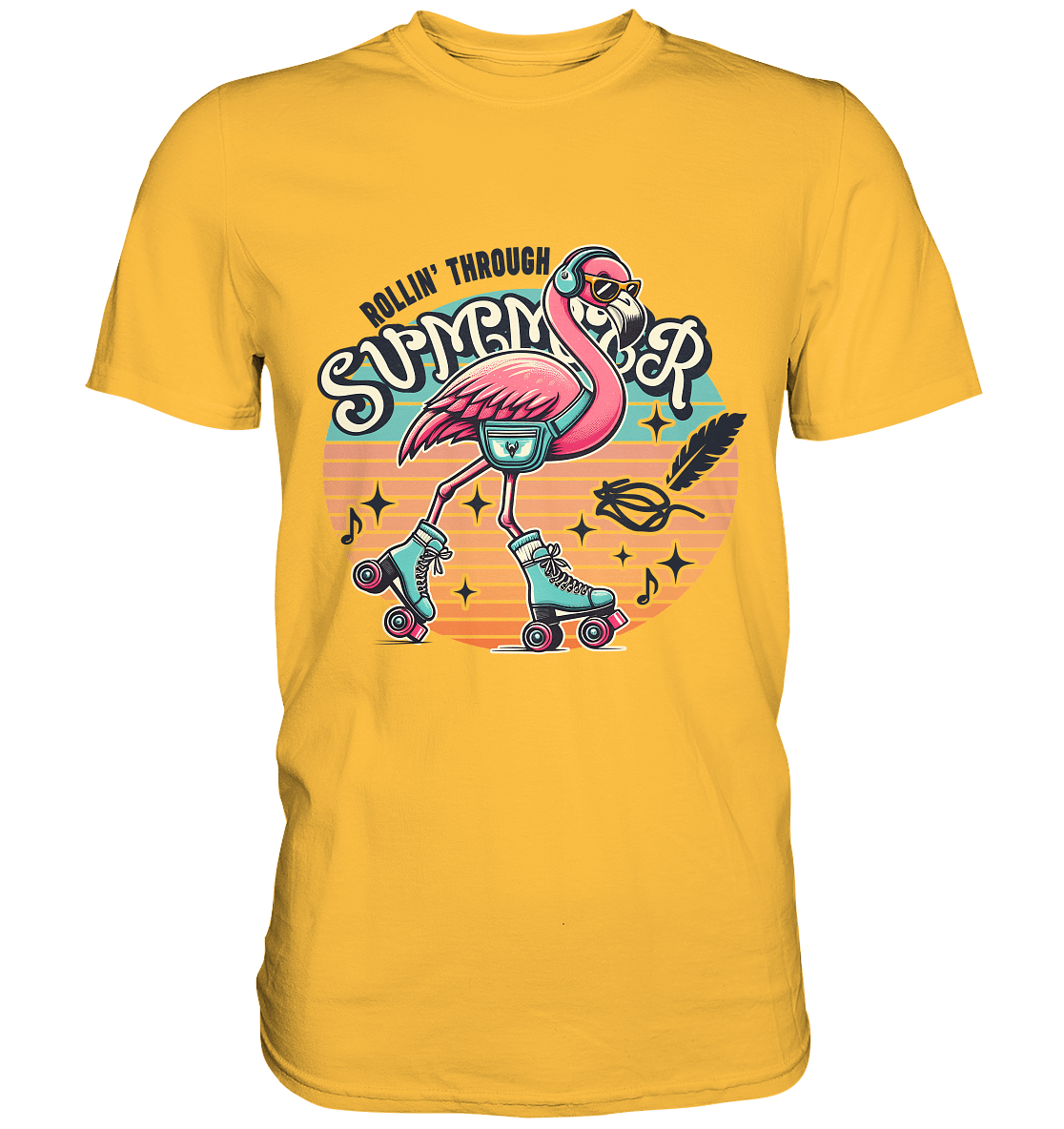 Rollin’ Through Summer – Cooler Flamingo auf Rollschuhen mit Retro - Vibes und Sommerfeeling - Premium Shirt - FaunaFeels Onlineshop Unisex - Shirts