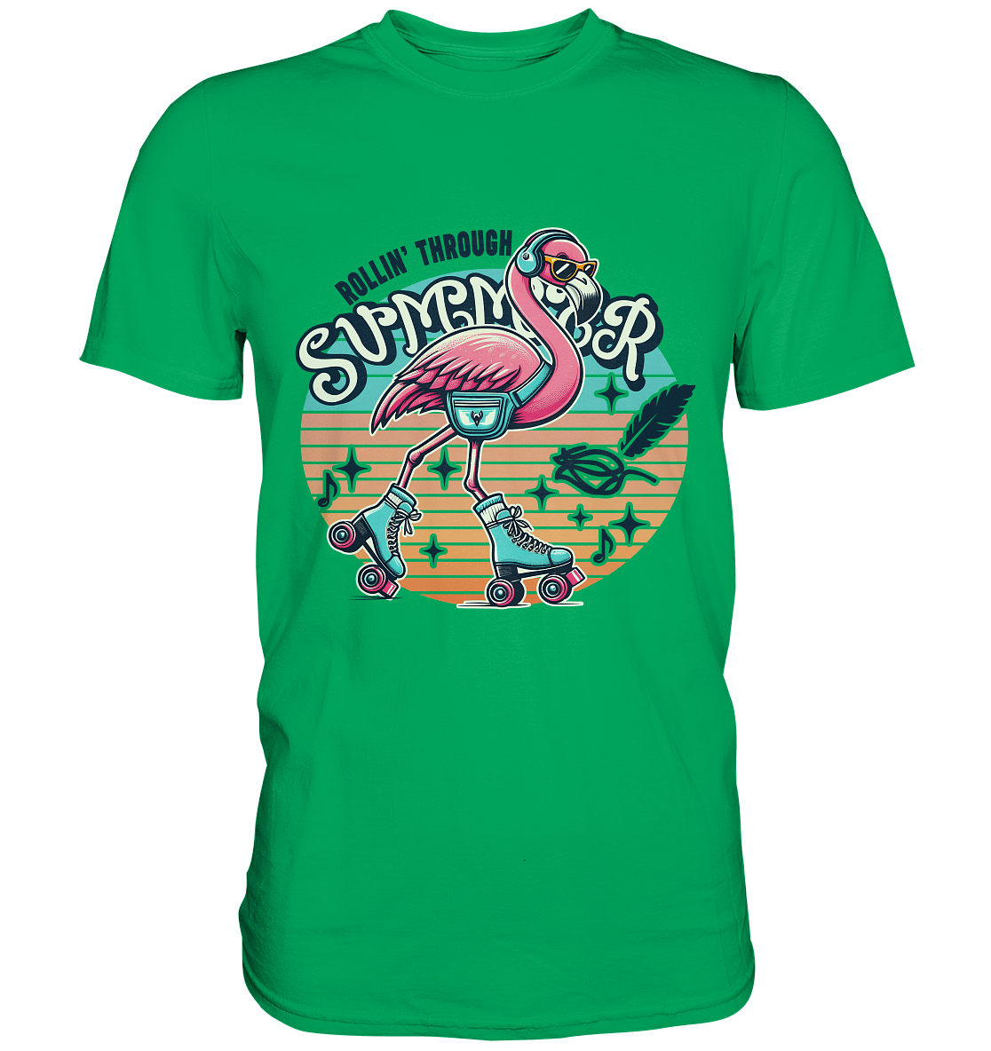 Rollin’ Through Summer – Cooler Flamingo auf Rollschuhen mit Retro - Vibes und Sommerfeeling - Premium Shirt - FaunaFeels Onlineshop Unisex - Shirts