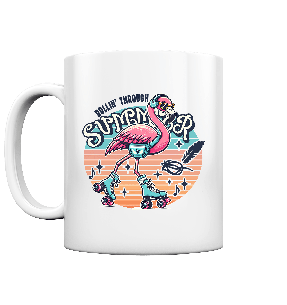 Rollin’ Through Summer – Cooler Flamingo auf Rollschuhen mit Retro - Vibes und Sommerfeeling - Tasse glossy - FaunaFeels Onlineshop Trinkgefäße