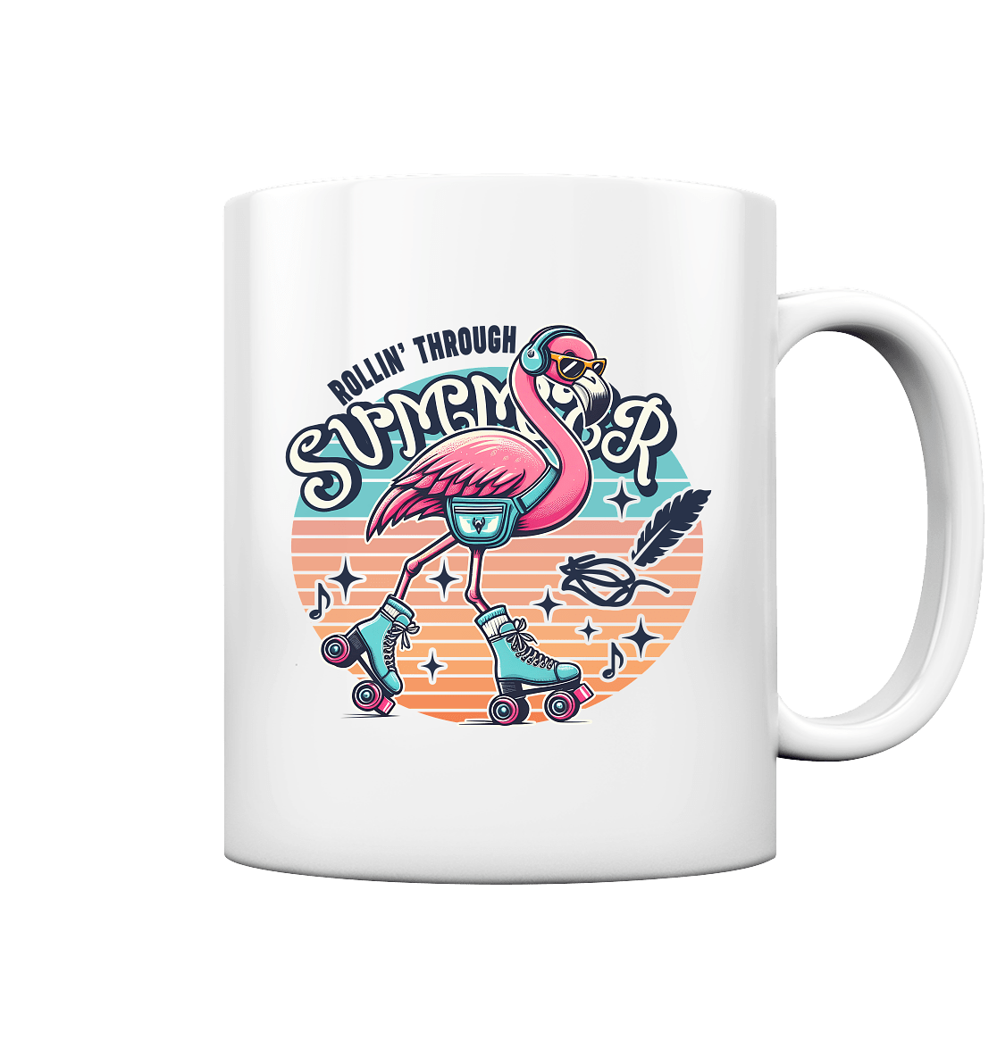 Rollin’ Through Summer – Cooler Flamingo auf Rollschuhen mit Retro - Vibes und Sommerfeeling - Tasse glossy - FaunaFeels Onlineshop Trinkgefäße