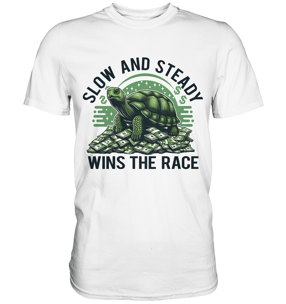 Slow and Steady Wins the Race – Schildkröte auf Geldstapel - Premium Shirt - FaunaFeels Onlineshop Unisex - Shirts