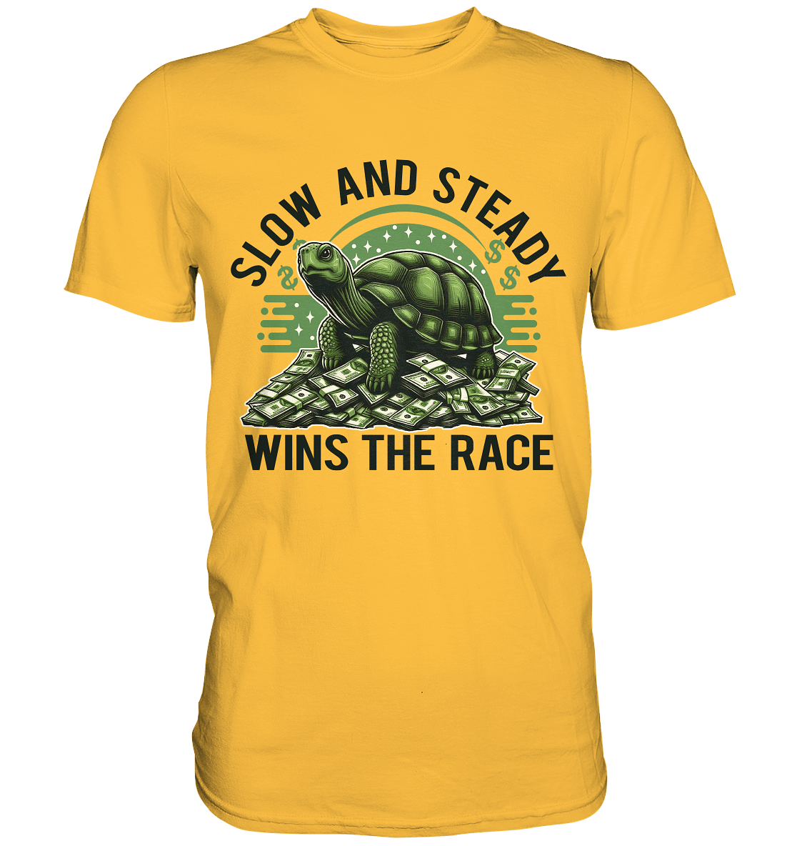 Slow and Steady Wins the Race – Schildkröte auf Geldstapel - Premium Shirt - FaunaFeels Onlineshop Unisex - Shirts
